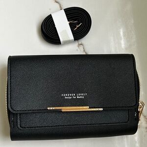 Elegant Black Crossbody Wallet – Multi-Compartment Design with Gold Accents, For
